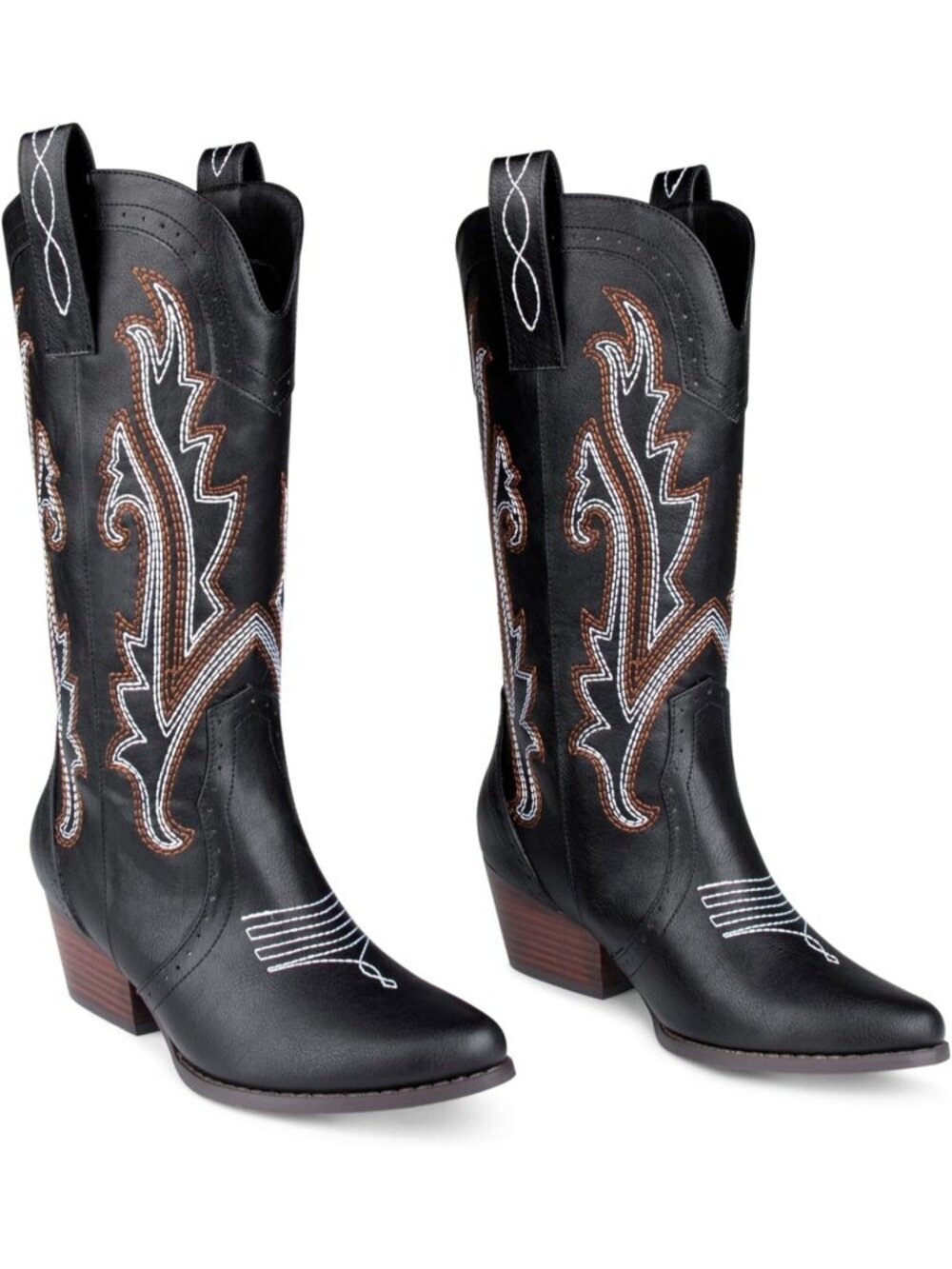 Women's Black Mid-calf Cowboy Boots Pointy Toe Embroidered Western